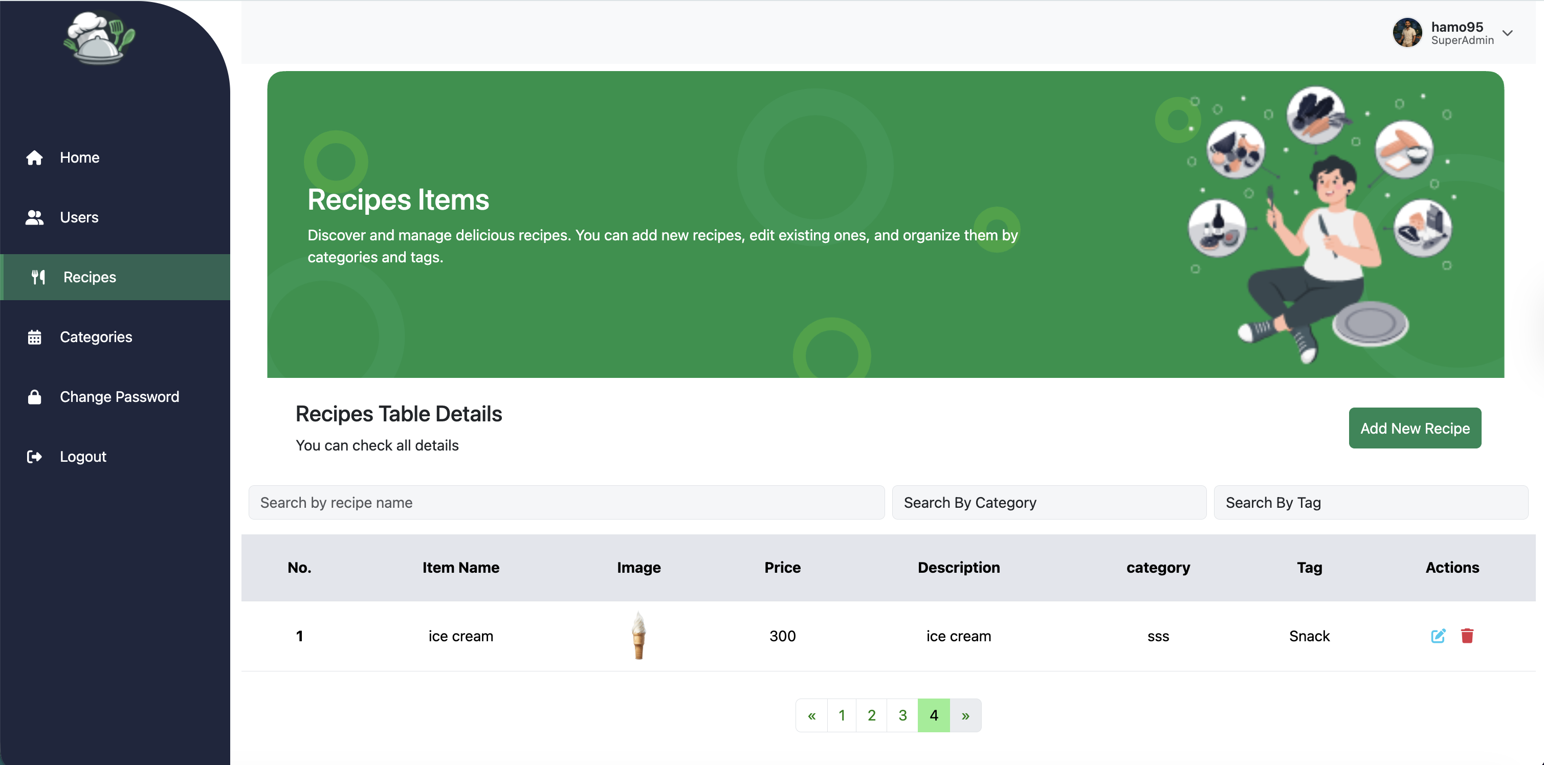 Food Management System CRUD interface screenshot